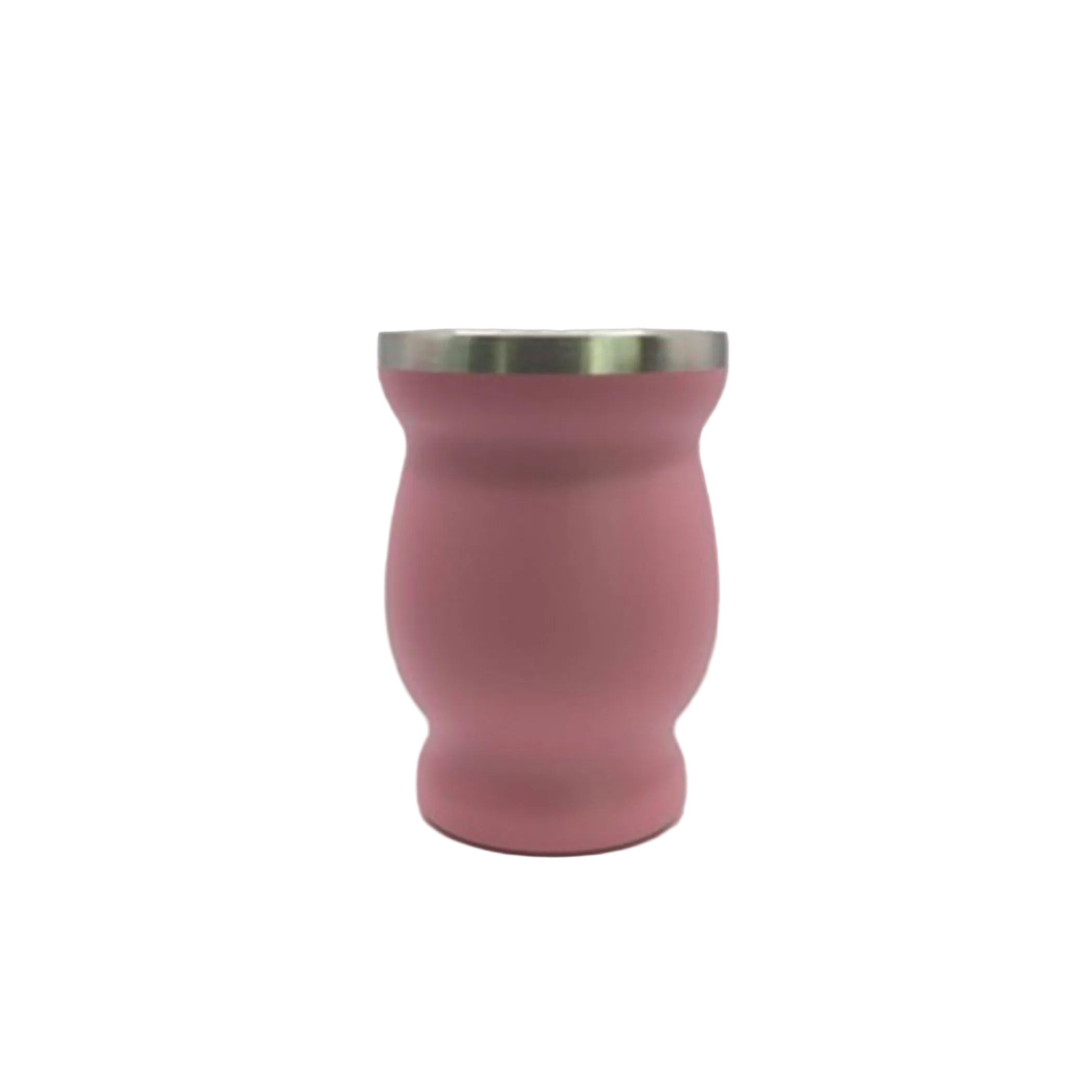 Front view of the Zamba mate gourd in a soft matte pink finish with a sleek stainless steel rim.