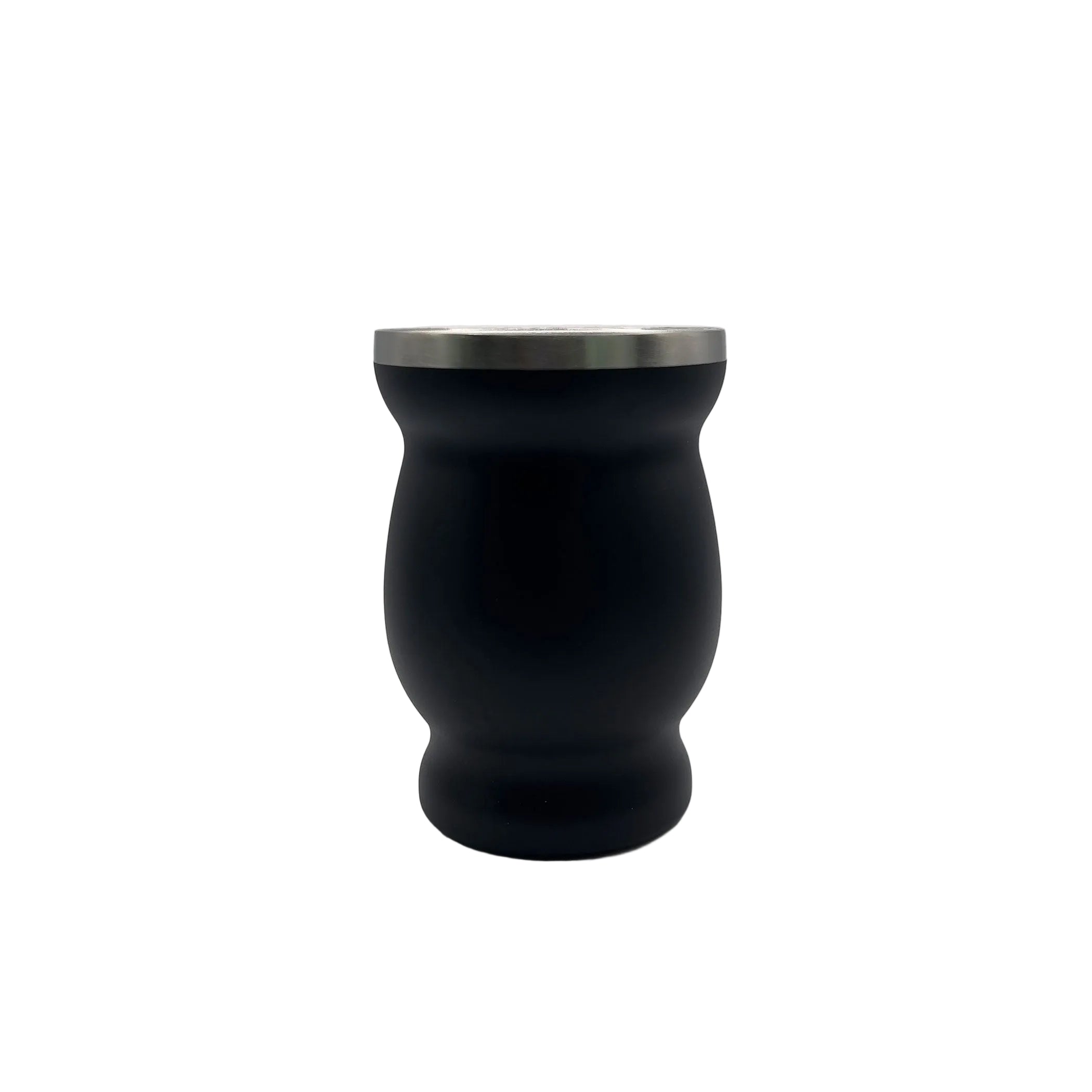 Front view of the Zamba mate gourd in matte black stainless steel with a sleek silver rim.