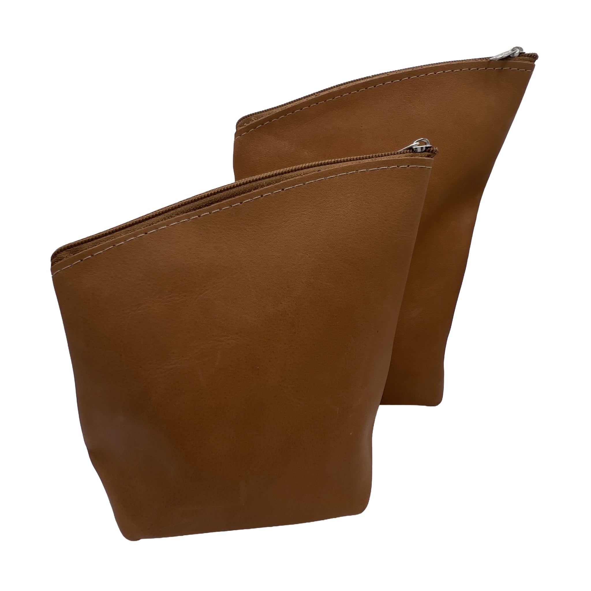 Side view of the Adobe Tan Zonda leather pouches showing the flexible travel-friendly design.