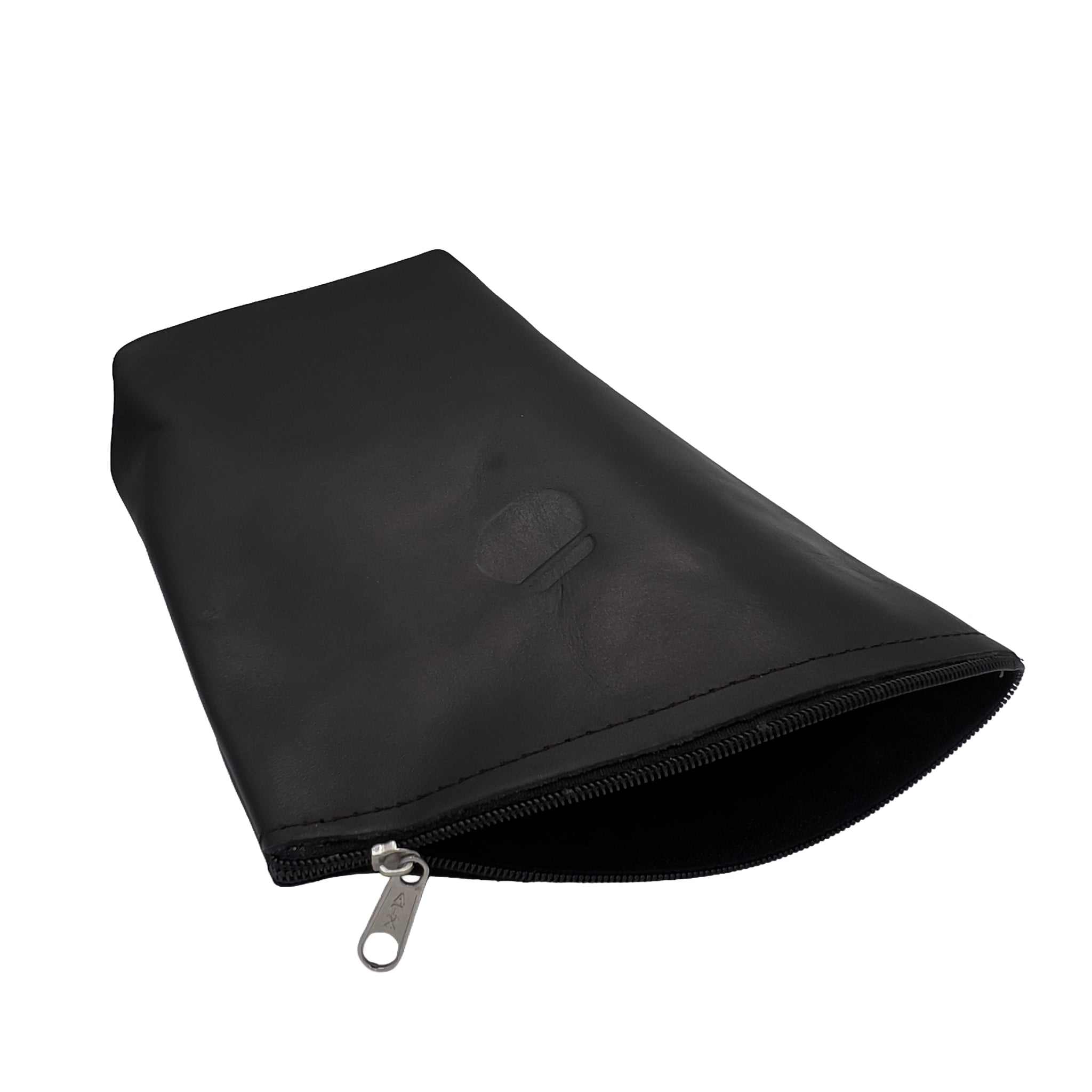 Shadow Black Zonda leather pouch showing the wide-mouth opening for easy access to your yerba.